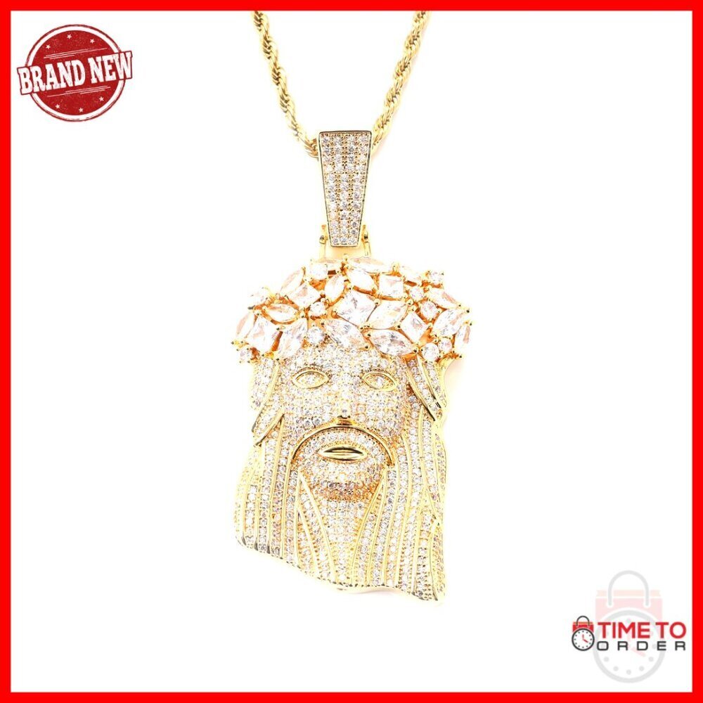 14K Gold Plated Jesus Cross Pendant Necklace with Zircon Stones